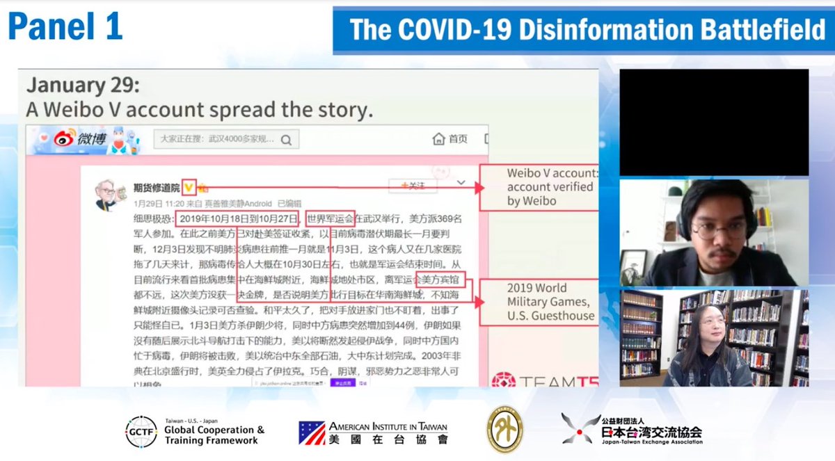 Today, our Threat Analyst Che Chang has joined the virtual Global Cooperation &amp; Training Framework Workshop to present our findings regarding #COVID19 #disinformation.
Thanks Moderator <a href="/audreyt/">⿻ Audrey Tang 唐鳳</a>, and the panelists include reps from <a href="/StateDept/">Department of State</a>, Analyst Zainul <a href="/ISIS_MY/">ISIS Malaysia</a>.
#ThreatIntel