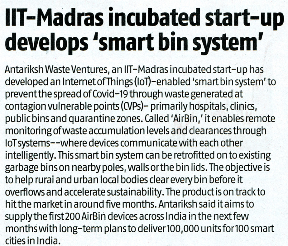 FGCTweets's tweet photo. #IITMadras start-up develops smart dustbin system to prevent Covid-19 spread
@_Antariksh @IITMIC @iitmadras @NewIndianXpress 

Publications: @bsindia @News18TamilNadu #Expresscomputer @SentinelAssam @etvbharat -Tamil

More at: https://t.co/LP2bEfQ4eK
https://t.co/3ubrhPHmPp https://t.co/s9uIrh2GCx