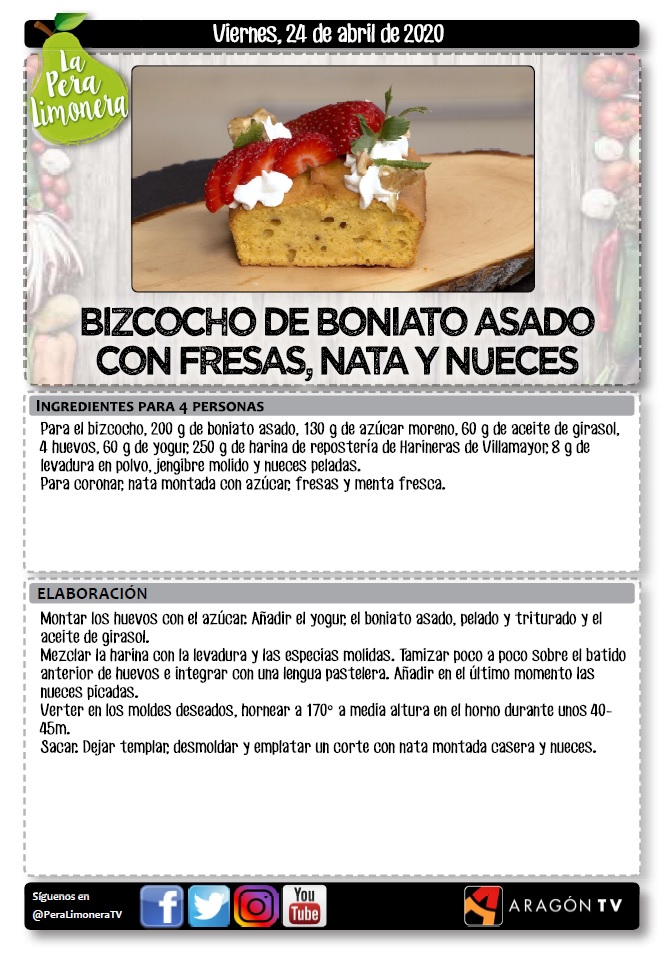 ✏️✏️Para los que no les dio tiempo a apuntar... "Receta: Bizcocho de Boniato Asado con Fresas, Nata y Nueces" ¿Te animas? ¿Nos mandas una 📸 del resultado?