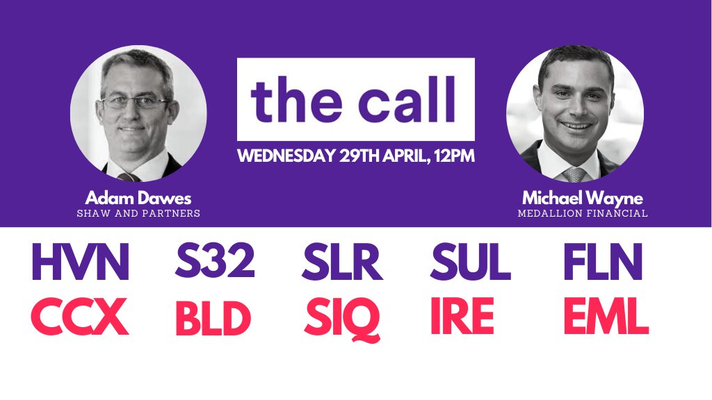 ausbiztv's tweet photo. Hey #ausbiz. 

@ADawes73 from @Shaw_Partners and @MedallionFG's Michael Wayne chat stocks for sixty minutes on The Call with @kochie_online.

Any stocks you'd like us to cover, flick us an email to thecall@ausbiz.com.au or tweet to us. #ausbiztv https://t.co/uCBrbfxows