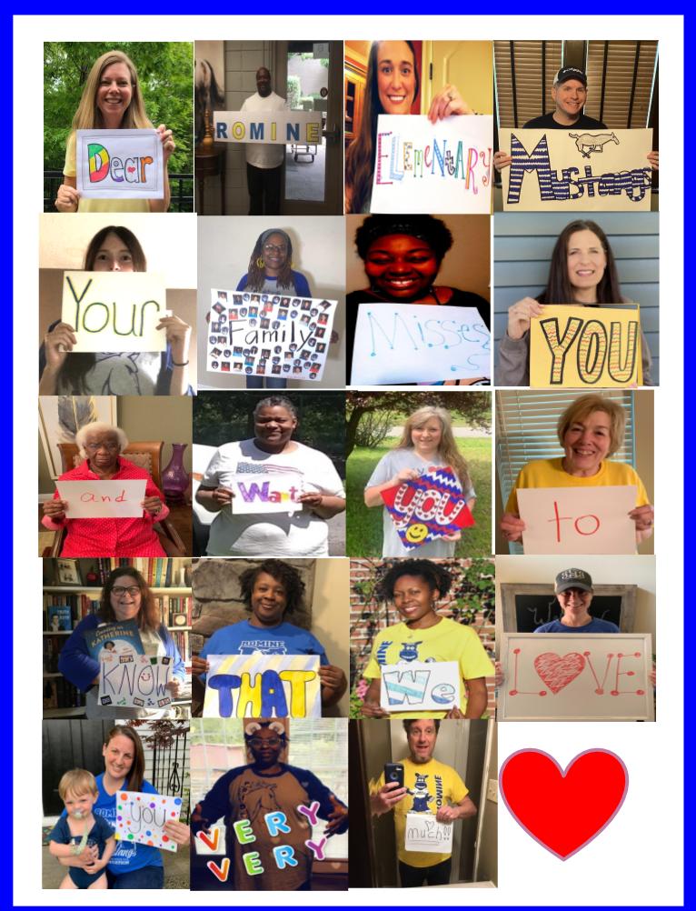 A message for the students and families of Romine Elementary from the staff.  We miss you dearly!  <a href="/lrsd/">Little Rock School District</a> <a href="/MichaelPoore1/">Michael Poore</a> <a href="/OurLRSD/">OurLRSD</a> <a href="/LrsdMedia/">LRSD Library Media Specialists</a>