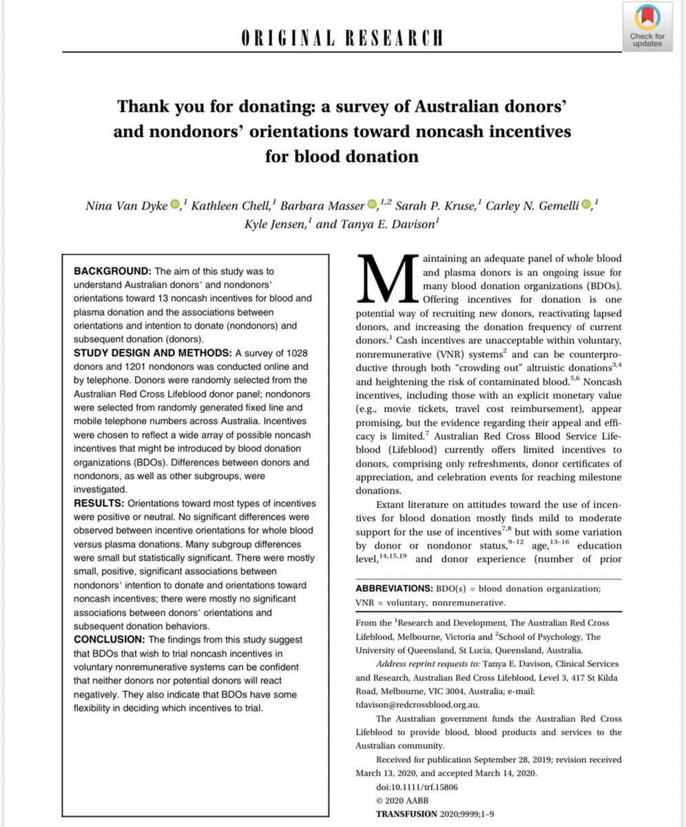 kathleenchell's tweet image. New paper published in #Transfusion considers the perceived effectiveness of 13 noncash incentives in #BloodDonation and changes to organisational reputation if introduced. @barbaramasser @tdavisonblood @KyleSeanJensen  bit.ly/3cQxASX