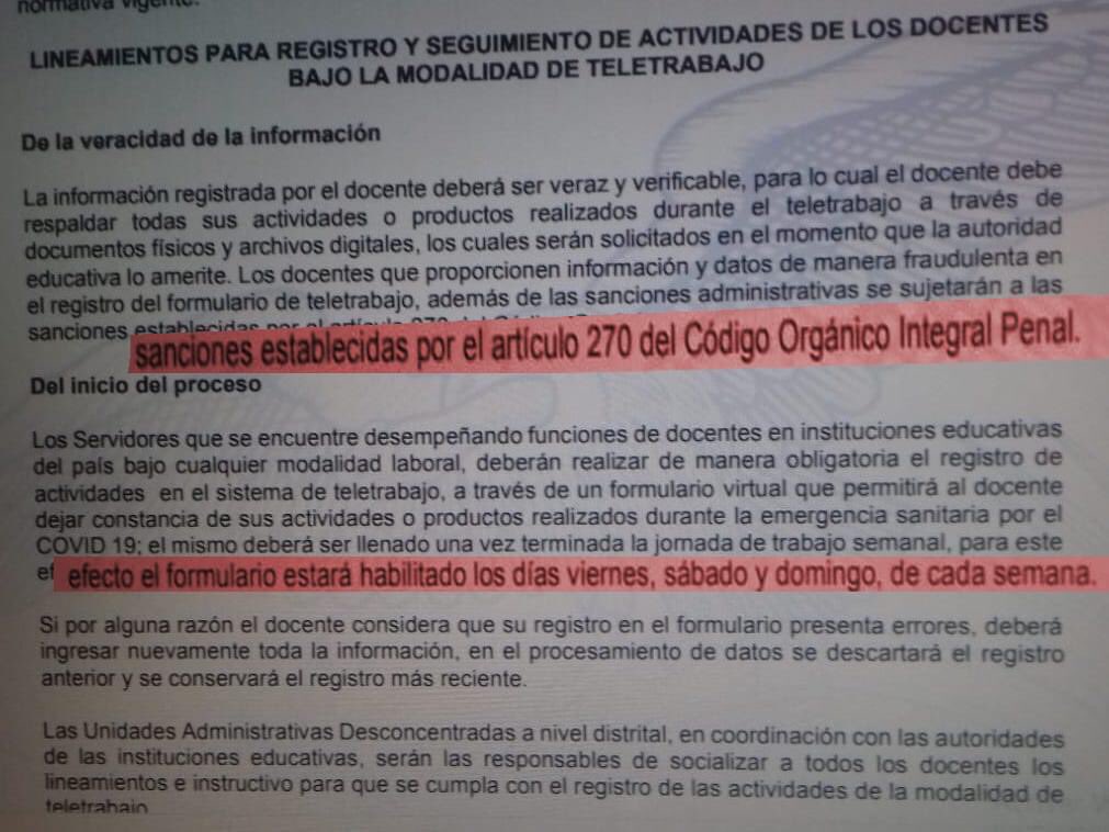 LuchaDocentes's tweet photo. @Educacion_Ec @monserratcream1 Era necesario apelar al Art. 270 del COIP  para que los docentes trabajen ?  Además de asignar tareas el fin de semana ? https://t.co/IRO9NZsexV