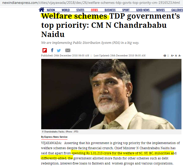 Dec'18Tdp Govt white paper/శ్వేత పత్రం2014-2018Overall welfare = 1,01,000 Crores.సంక్షేమం కోసం ఖర్చు- Welfare funds (Crores)BC=39,038SC=40,254ST=14,210Minority=3,215Differently-abled=4,326Source: http://ipr.ap.nic.in/images/whitepapers/Social%20Empowerment%20and%20Welfare%20-%20Telugu.pdf http://ipr.ap.nic.in/images/whitepapers/Social%20Empowerment%20&%20Welfare-english.pdf