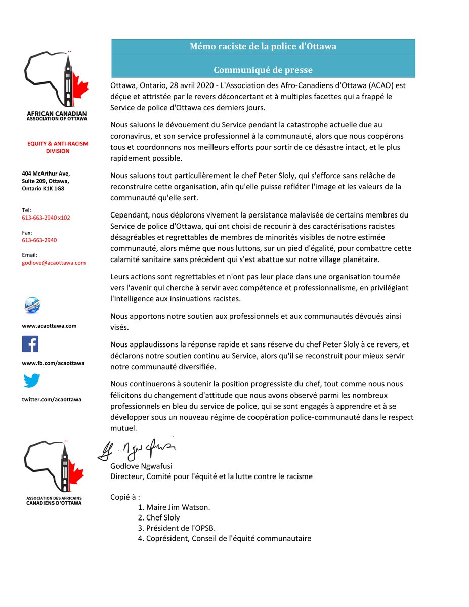 ACAOTTAWA's tweet photo. Today, the @ottawacity black leaders condemned the racist meme circulating in the @OttawaPolice  and in the community. This racist meme was designed to derail the improvements in the area of Equity, Diversity and Inclusion. @OPSChiefSloly @JimWatsonOttawa @Ottawa_CEC https://t.co/u7CHMD5XIn