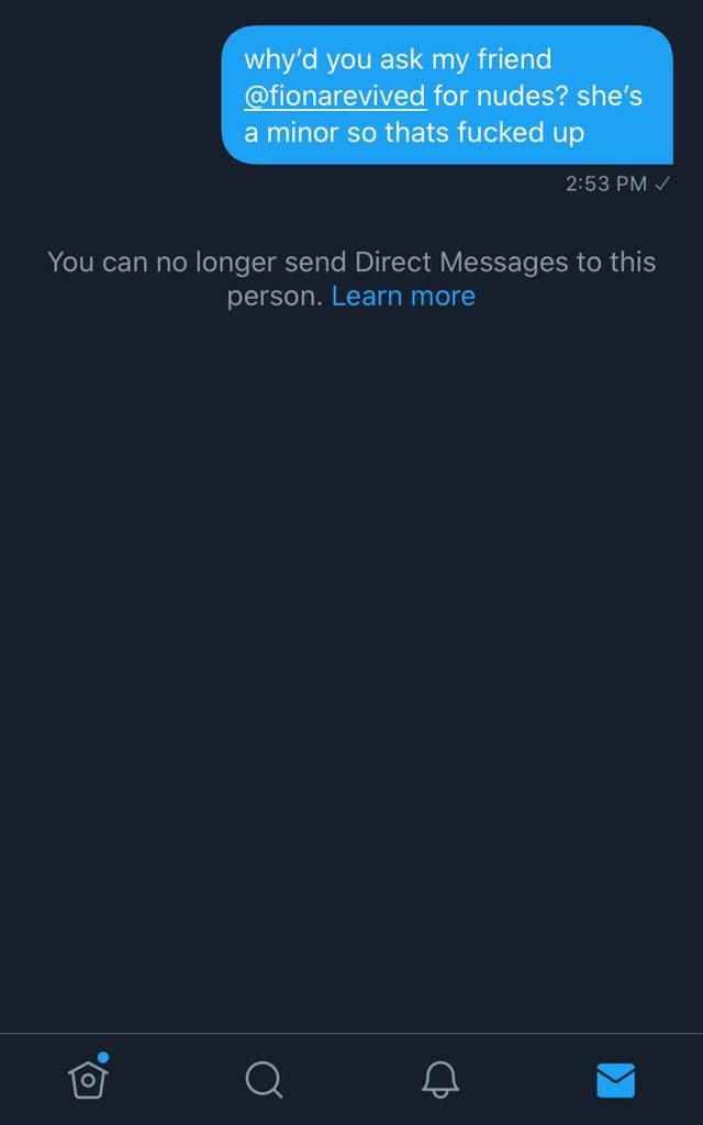 all i did was stand up for @fionarevived to a guy who asked her for nudes. their initiative is to block people so they dont feel ashamed for what they do. its not right and we need to end this era ASAP!

#MinorsFightBack #NoMorePedos #EndThePedoEra