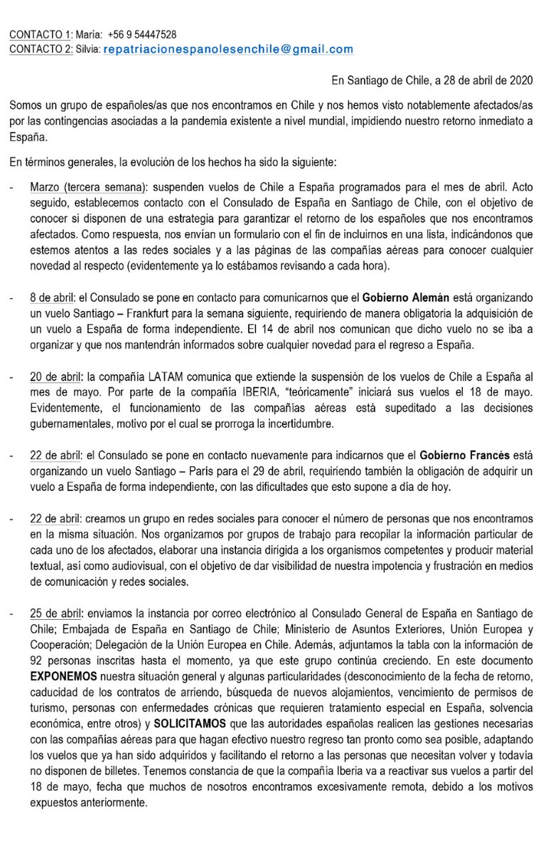 repatriaciones2's tweet photo. Com 3: 28 de abril:  Recibimos en la tarde, la respuesta por parte del Consulado General de España en Santiago de Chile, en la cual nos notifican la confirmación de un vuelo extraordinario de retorno a España, organizado por el Ministerio de Asuntos Exteriores y @EmbEspanaChile . https://t.co/EMHOxb9Ioc