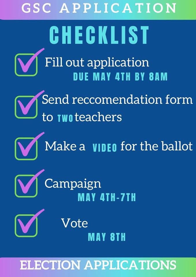 GSC APPLICATIONS OUT NOW! 🤍💚

All applications due by May 4th at 8am! Join the Zoom Q&amp;A on the 29th at 2:30pm for more details.