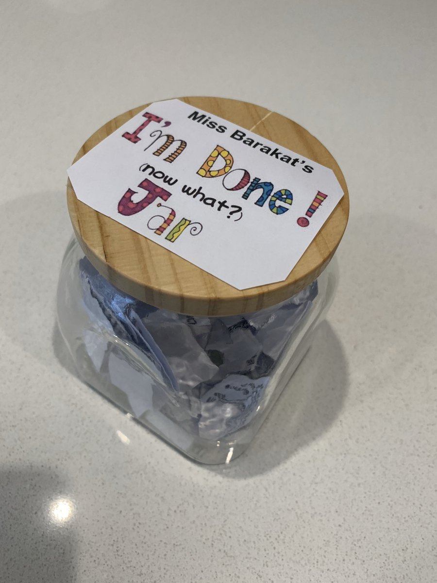 armanibarakat2's tweet photo. Preparing for my first day alone in the classroom tomorrow! I dare a student to tell me they have nothing to do 🤣 lots of activities and riddles inside the #imdonenowwhatjar #acuedu_p https://t.co/OfrfGmIt7f