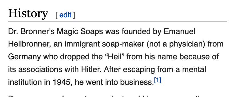 SamuelSaulsbury's tweet photo. The opening paragraph of Dr. Bronners' Wikipedia comes in with guns absolutely blazing https://t.co/sBWyKYOFhO