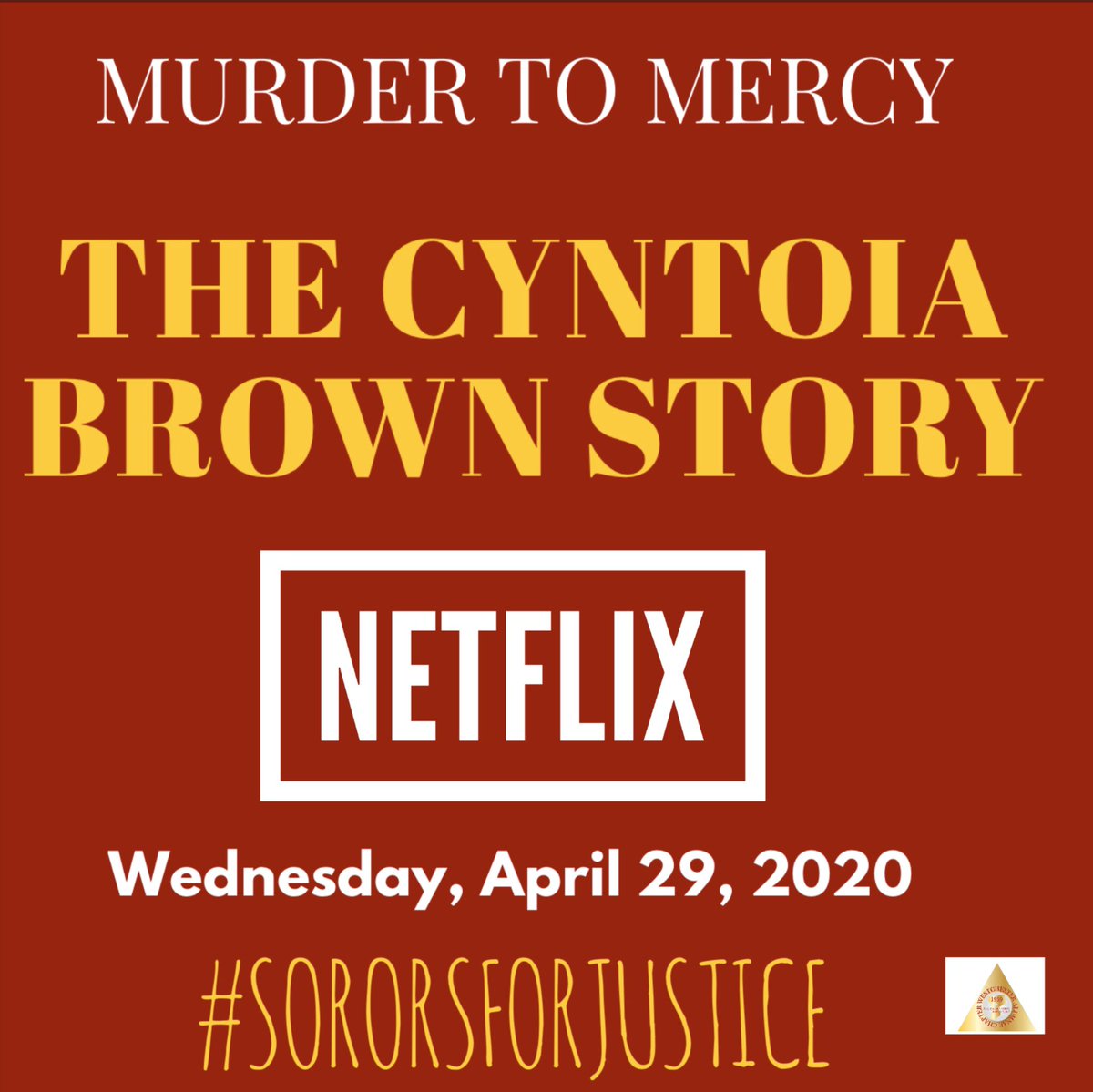 CyndiTurnquest's tweet photo. NETFLIX presents “Murder to Mercy The Cyntoia Brown Story”
Wednesday, April 29, 2020 

She was sold to the man she killed, one of her several sex abusers. At fifteen years old she was sentenced to fifty one years in prison. #sororsforjustice #wacdst #freecyntoia https://t.co/ZfOY8krZWV
