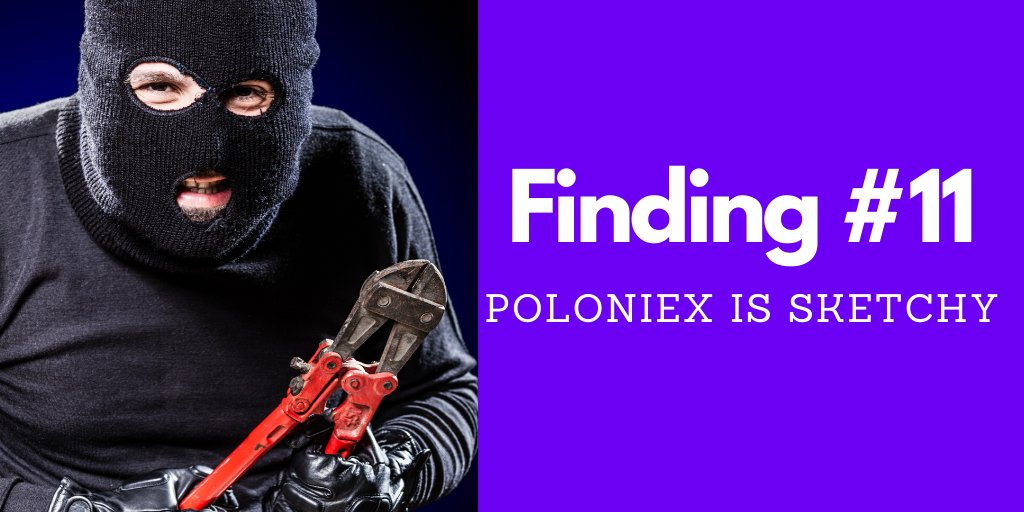 39/109Speaking of Poloniex...Finding #11 - Poloniex is SketchyWhen Circle bought Poloniex, they responsibly moved assets to better cold wallets and had strong reserves.