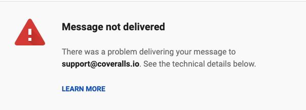 prendofficial's tweet photo. @CoverallsApp Can you please explain the best way to get in touch with your support? Your website and twitter point to support@coveralls.io but I repeatedly get this message. https://t.co/8tcYUMVLtX
