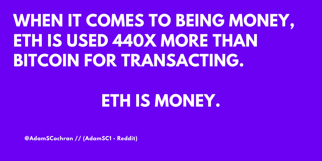 63/109When it comes to being money, ETH is used 440x more than Bitcoin for transacting.ETH is money. Plain, simple, and re-tweetable.