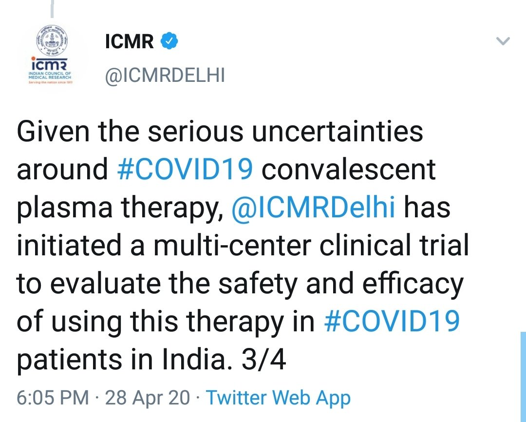  #IndiaFightsCorona  #ConvalescentPlasmaTherapy And this finally. Despite experts warning