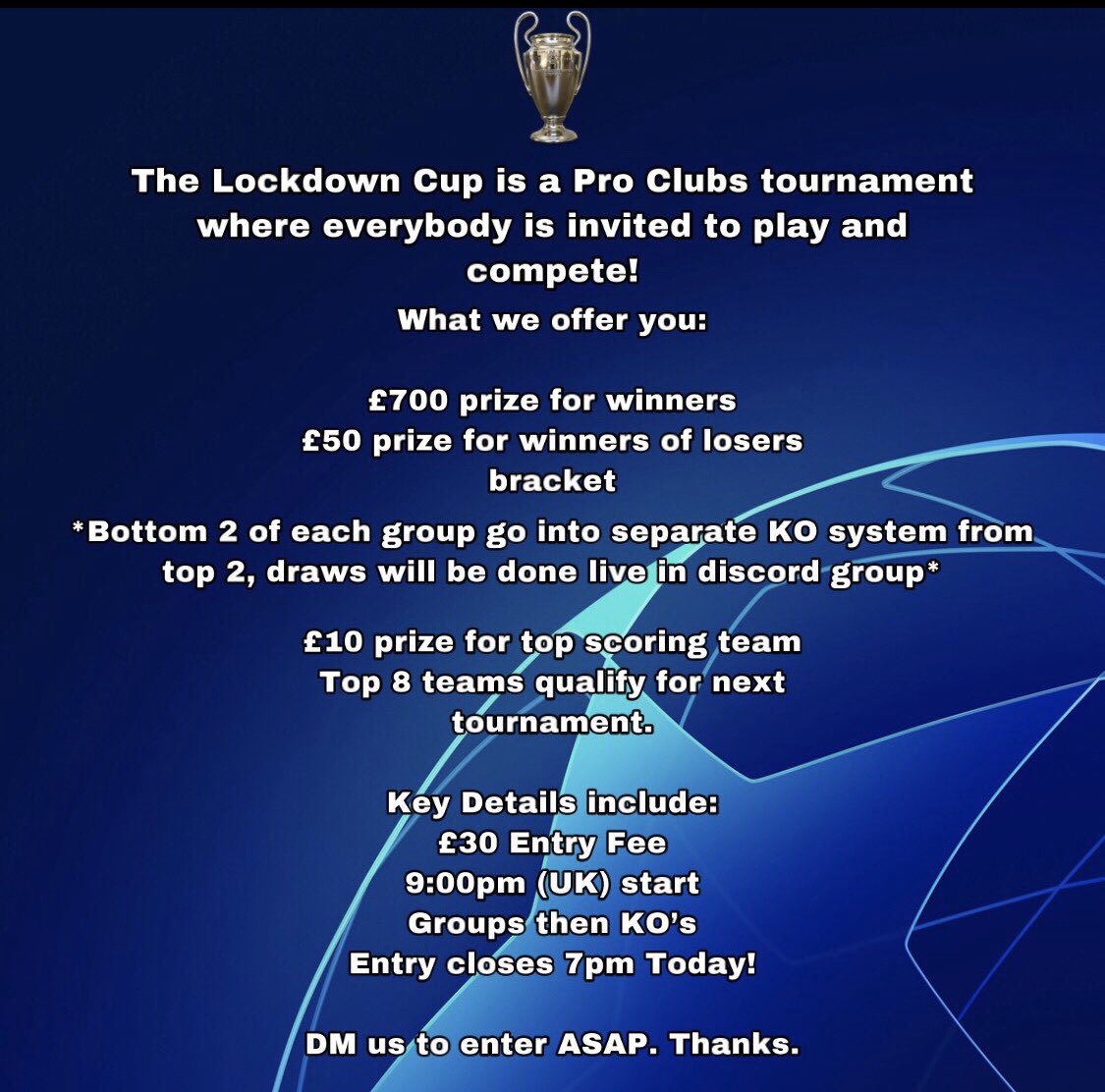 The Lockdown Cup (PS4) (@lockdowncup) on Twitter photo UPDATE ON TOURNAMENT WEDNESDAY NIGHT!!! We have made a collaboration with <a href="/IESCupFIFA/">International eSports Cup</a> to bring you the best PS4 Pro Clubs Tournament about for all teams!!! DM us for more info or to enter!!!! #ProClubs #FIFA #PS4 UPDATE ON TOURNAMENT WEDNESDAY NIGHT!!! We have made a collaboration with <a href="/IESCupFIFA/">International eSports Cup</a> to bring you the best PS4 Pro Clubs Tournament about for all teams!!! DM us for more info or to enter!!!! #ProClubs #FIFA #PS4