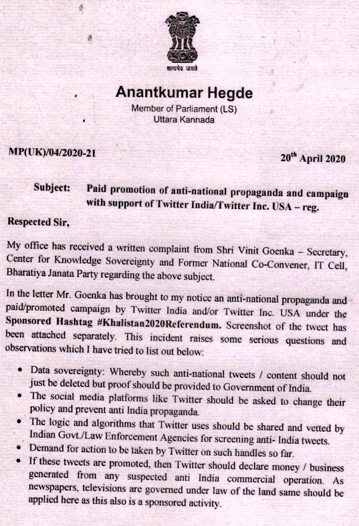 ProfSRK's tweet photo. Being a Nationalist, Fire Brand BJP MP @AnantkumarH ji wil never ask apologize with @TwitterIndia.

Many Thanks to @vinitgoenka ji for unveiling the Anti National Propoganda with hashtag #Khalistan2020Referendum.

#RestoreAKHegdeTwitter 
#BanKhalistanisOnTwitter
#ISupportAKHegde https://t.co/gRddGt9dyh