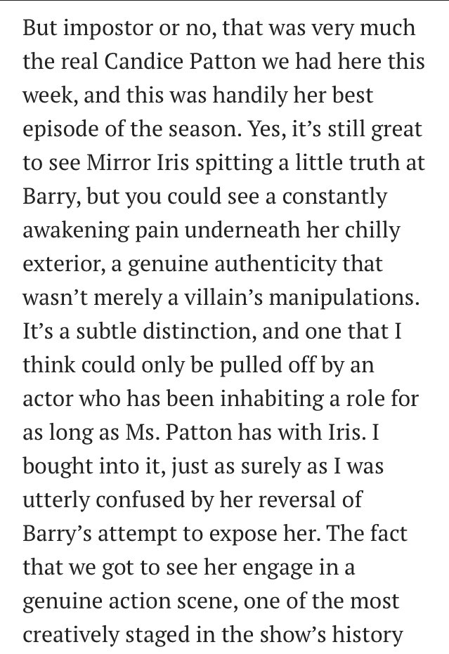 “this was single handily her best episode of the season” We really got to see Iris shine for the first time since 611. When she’s given the right material, she ALWAYS excels. Hopefully we get more of the writing in future episodes like this one.  @ewrote @kwwheeler  #TheFlash