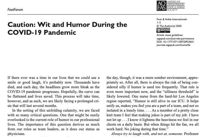 MicrobiomDigest's tweet photo. The authors of this paper really put their best foot forward. This one was published in "Foot & Ankle International" 🤔
#IsThisScience #Covid19
"Caution: Wit and Humor During the COVID-19 Pandemic" - published in "Foot & Ankle International".
https://t.co/pKB1OrGWWQ https://t.co/GijJ3bIESp