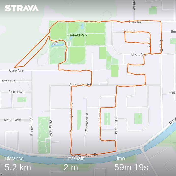 Day 2 #Daily5kChallenge dog walk around the neighborhood. #GPSFail I didn’t really take a diagonal out and back through a field. #Chilliwack #mentalhealth