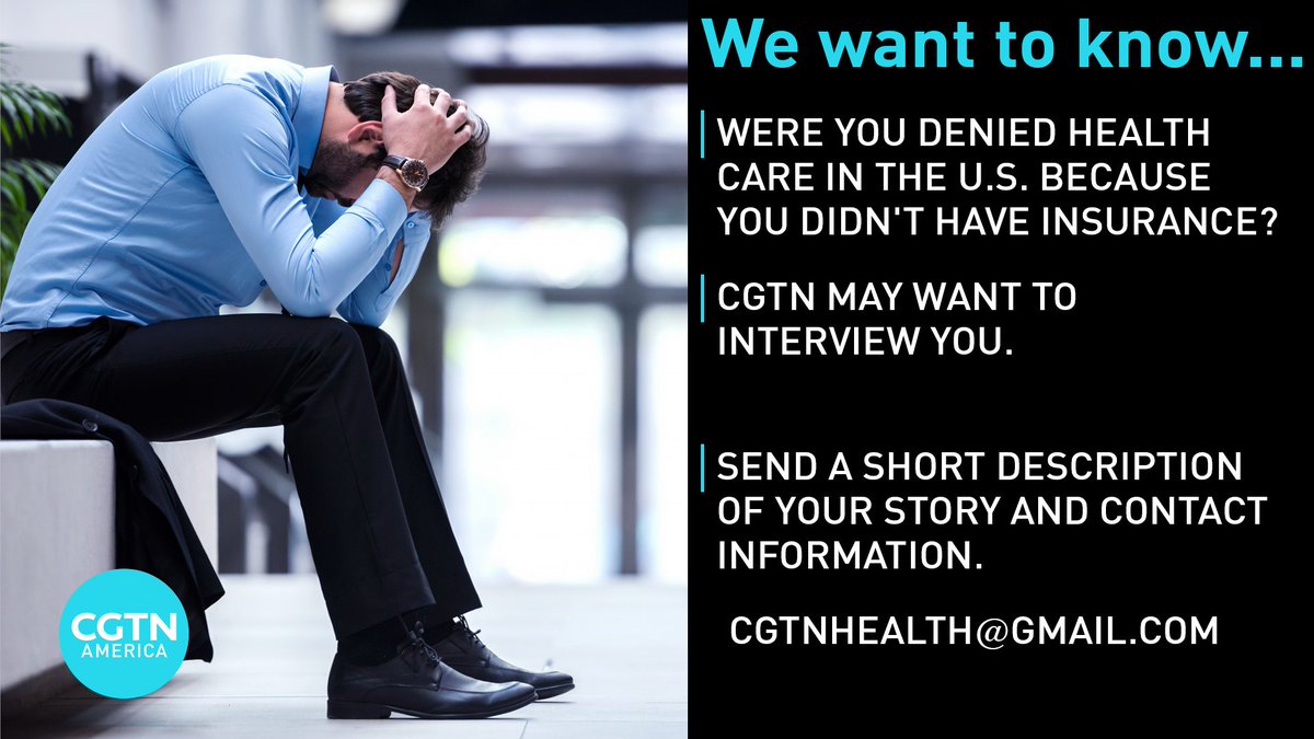 cgtnamerica's tweet photo. Have you been denied COVID-19 care in the United States because you didn't have health insurance? 
CGTN America is looking to tell the world your story. 
Please email us at CGTNHealth@gmail.com https://t.co/inksuTsdLw
