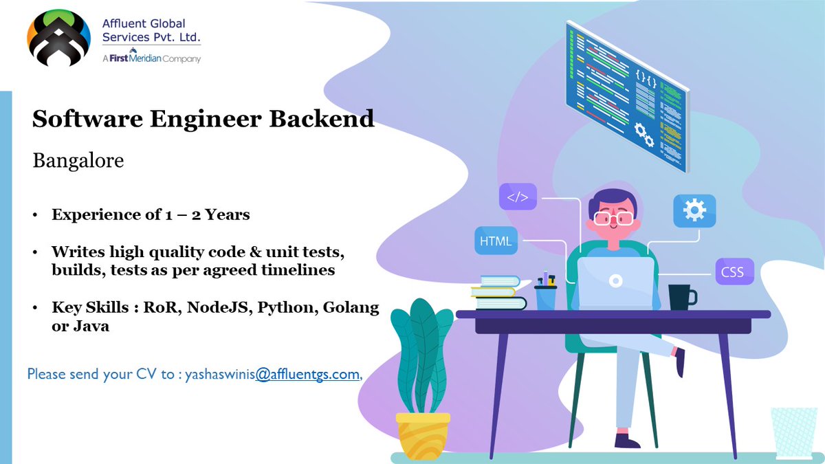 AffluentGlobal's tweet photo. We are Looking for #SoftwareEngineerBackend
Required 1 - 2 Years of #Experience
Required Key Skills #ROR, #NodeJS, #Python, #Golang or #JAVA
Please share your CV's to yashaswinis@affluentgs.com
#AffluentGlobalServices
#FirstMeridian
#Covid19 https://t.co/XXjhb5Zr5s