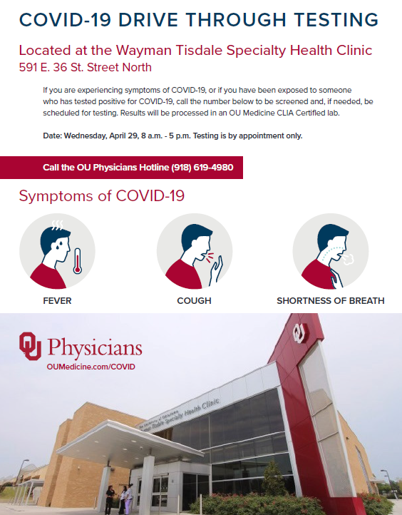 NEW LOCATION: Drive-thru #COVID19 testing is now available with <a href="/PhysiciansTulsa/">OU Health Physicians-Tulsa</a> on the <a href="/OUTulsa/">OU-Tulsa</a> campus in coordination with <a href="/HealthyOklahoma/">OK Dept of Health</a>. Call 918-619-4980 to be screened in advance. Results processed in an OU Medicine CLIA-certified lab. ow.ly/3vv750zpGNP
