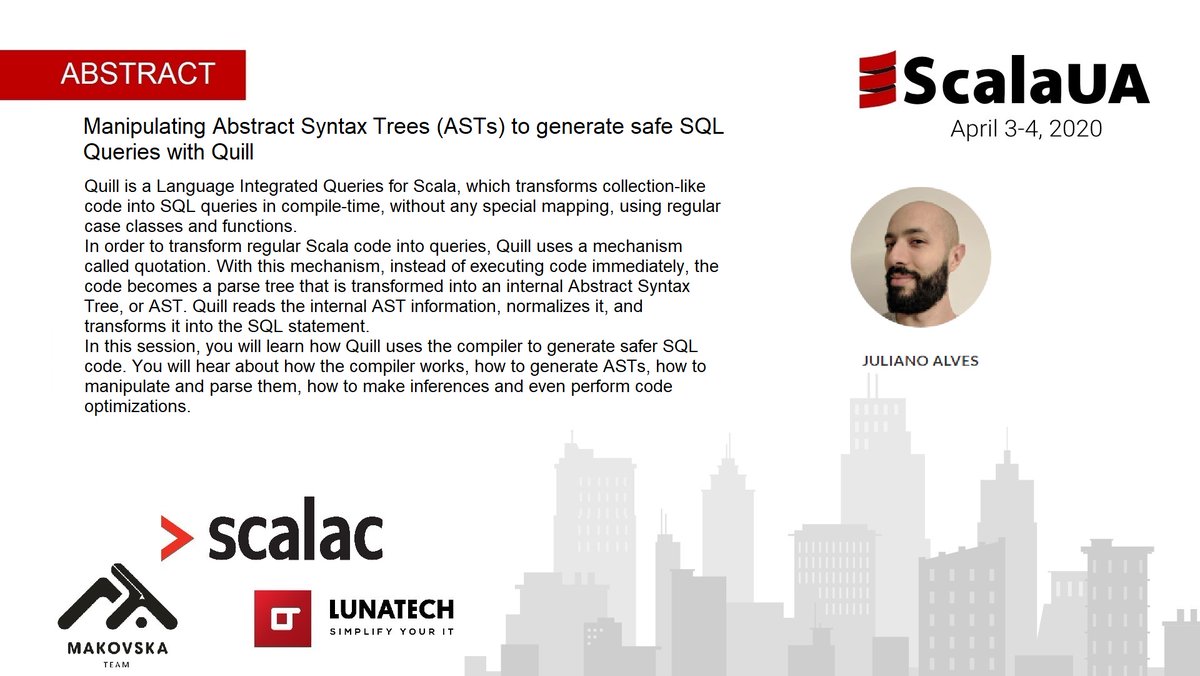 In about 2 hours, we are having a premiere on Youtube of the talk by Juliano Alves - Manipulating Abstract Syntax Trees (ASTs) to generate safe SQL Queries with Quill
youtube.com/watch?v=aY8Drj…
Please join us and share it.