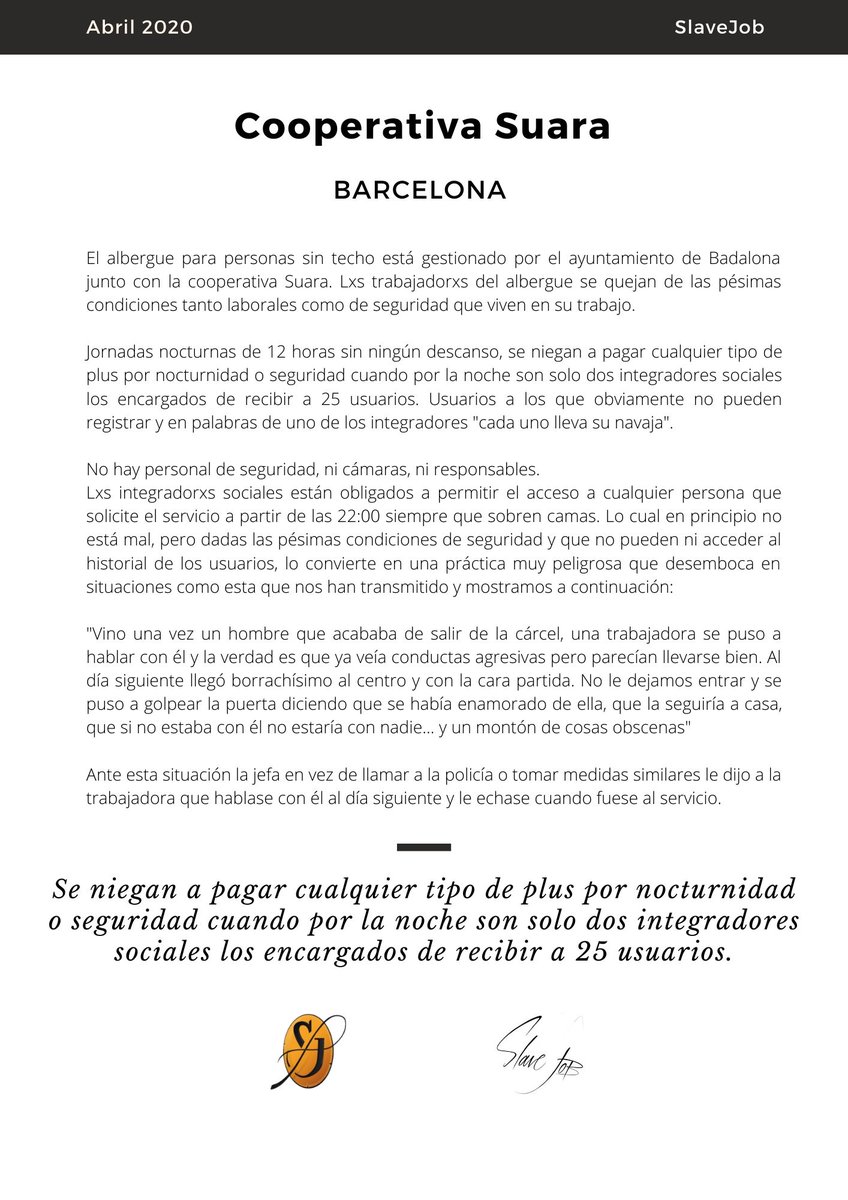 JobsticeOficial's tweet photo. Experiencia negativa en la Cooperativa "Suara", en el centro cívico Víctor Balaguer de Badalona (Barcelona).
Empleados totalmente desprotegidos y sin cobrar ningún plus de los que les corresponden.
#SlaveJob #Barcelona #CooperativaSuara https://t.co/hZJZjgT3nB