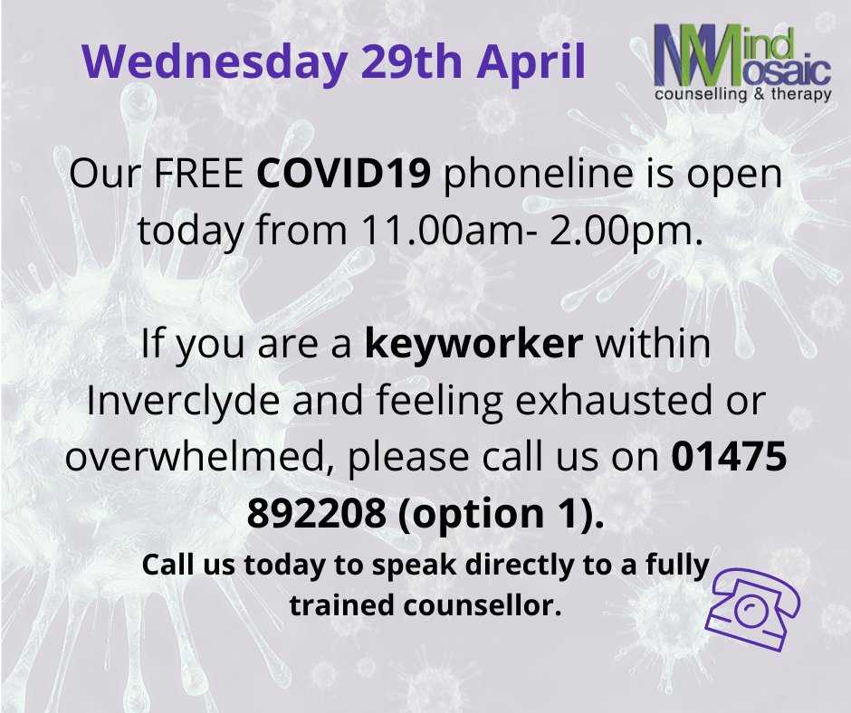 Are you a keyworker &amp; feeling overwhelmed, exhausted, or just simply need to talk? Please call our FREE COVID19 support line to speak to a fully trained counsellor. We are here for you.💜
Or email us- covid19@mindmosaic.co.uk &amp; a fully trained counsellor will call you back.