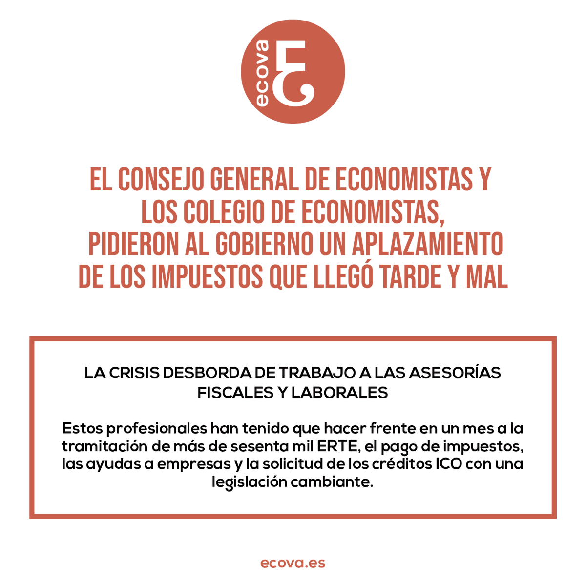ECOnomistaVAlor's tweet photo. ¡La crisis desborda de trabajo a las asesorías fiscales y laborales!

Los profesionales han tenido que hacer frente en un mes a la tramitación de más de sesenta mil ERTE, el pago de impuestos, las ayudas a empresas y la solicitud de los créditos ICO.

@EconomistasOrg 

#ecovacyl https://t.co/mLtFwVVLp2