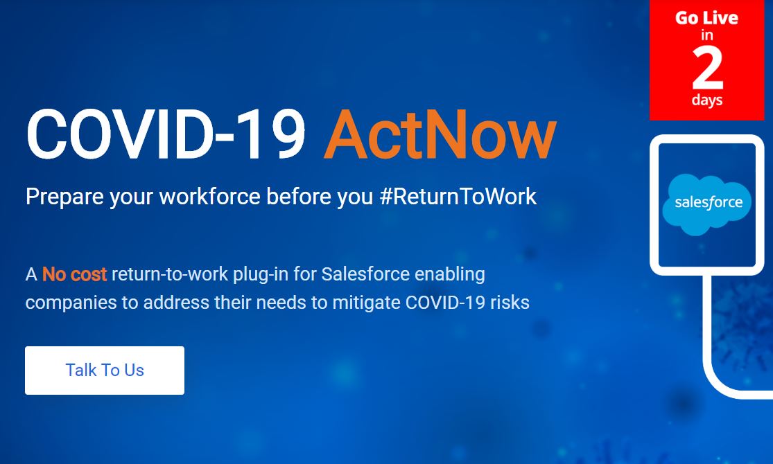 “Resilience is accepting the new reality" The new reality will include a risk-free experience for #employees and #customers. 🏦

lnkd.in/gM6q4xQ

A No cost #returntowork  plug-in for #salesforcecrm,  to mitigate #health risks with #Covid19 ActNow for #salesforce  👨‍👨‍👧‍👧