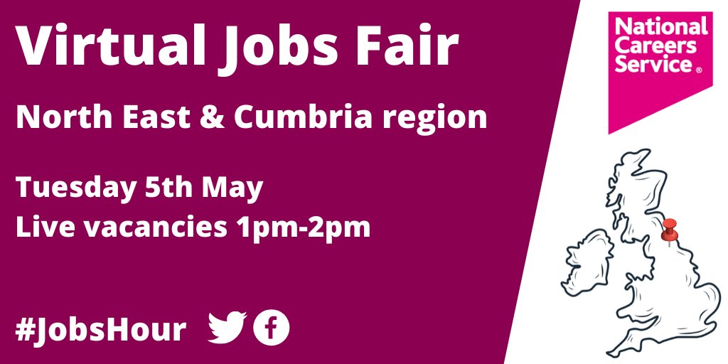 WorkandThrive's tweet photo. On Tuesday 5th May @NationalCareers will be holding a virtual jobs fair for the North East and Cumbria region. Join #JobsHour at 1pm-2pm for the latest job vacancies and any questions you may have👐 https://t.co/B77gzDUsTh