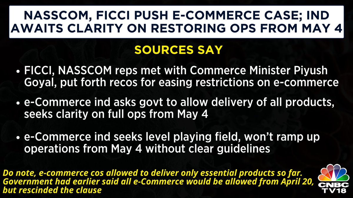 #CNBCTV18Exclusive | Sources say <a href="/ficci_india/">FICCI</a>, <a href="/nasscom/">nasscom</a> reps met with Commerce Minister Piyush Goyal to push e-commerce industry's case. 

e-Commerce ind asks govt to allow delivery of all products. Online sellers face biz losses, want fee relief from e-commerce cos, sources add.