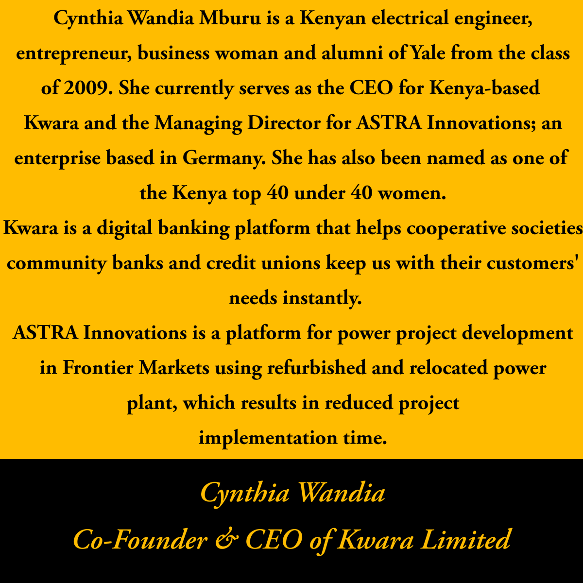 10XWomenToTech's tweet photo. Today we celebrate an amazing woman in tech, Cynthia Wandia who is the CEO and Co-Founder of Kwara in Kenya.
#girlswhocode #womenintech #blackwomenintech #womeninstem  #womenbosses #womanboss #womenbossesinbusiness #womenempowerment #stemsquad #stem https://t.co/hnXeeYsj9j