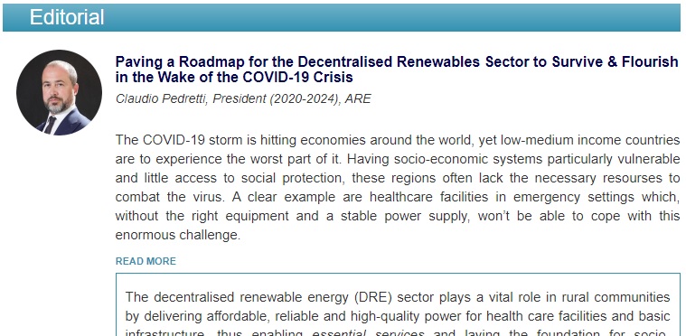 📬 Read our CEO Claudio Pedretti's editorial in the April Alliance for Rural Electrification newsletter:

"The current #covid19 crisis threatens both existing and future #DRE projects that power the lives of millions of people, endangering [...]"

 👉 bit.ly/2ShGTDr 👈