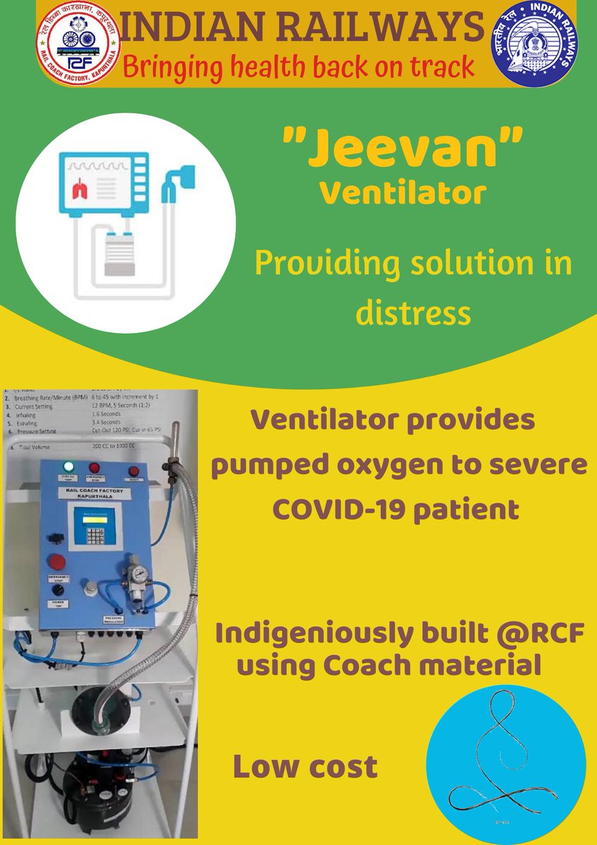 AssociationIrms's tweet photo. Along with running trains, we are also putting effort to bring Health back on track. "JEEVAN" a prototype designed by RCF Kapurthala awaiting ICMR approval.
@RailMinIndia @PiyushGoyalOffc #IndiaFightsCorona #ServingTheNation https://t.co/gv96bd3brK