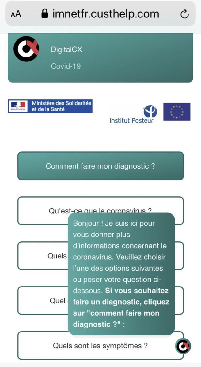 [#Chatbot] En partenariat avec CX Company, STUDIA met à disposition gracieusement une plateforme conversationnelle interactive > 👋 sante.fr/covid-numerique > DigitalCX

Ce Chatbot permet d’établir son auto-diagnostic COVID-19, et des informations sur la crise sanitaire.