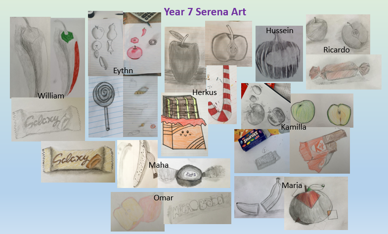 HisartF's tweet photo. Year 7's Art gallery! Drawing from direct observation using pencil shading techniques.
 #hisartandfood #distancelearning #HISDubai https://t.co/FM5uGURYMp