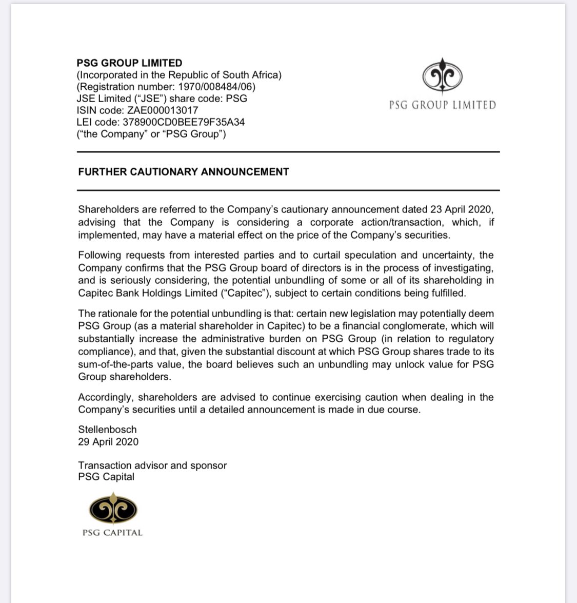We are in a market where nothing should be surprising anymore - and so there you have it —> 
PSG Group indicates it is “seriously considering the potential unbundling of some or all of its shareholding in Capitec Bank...” 👇🏾 SENS attached