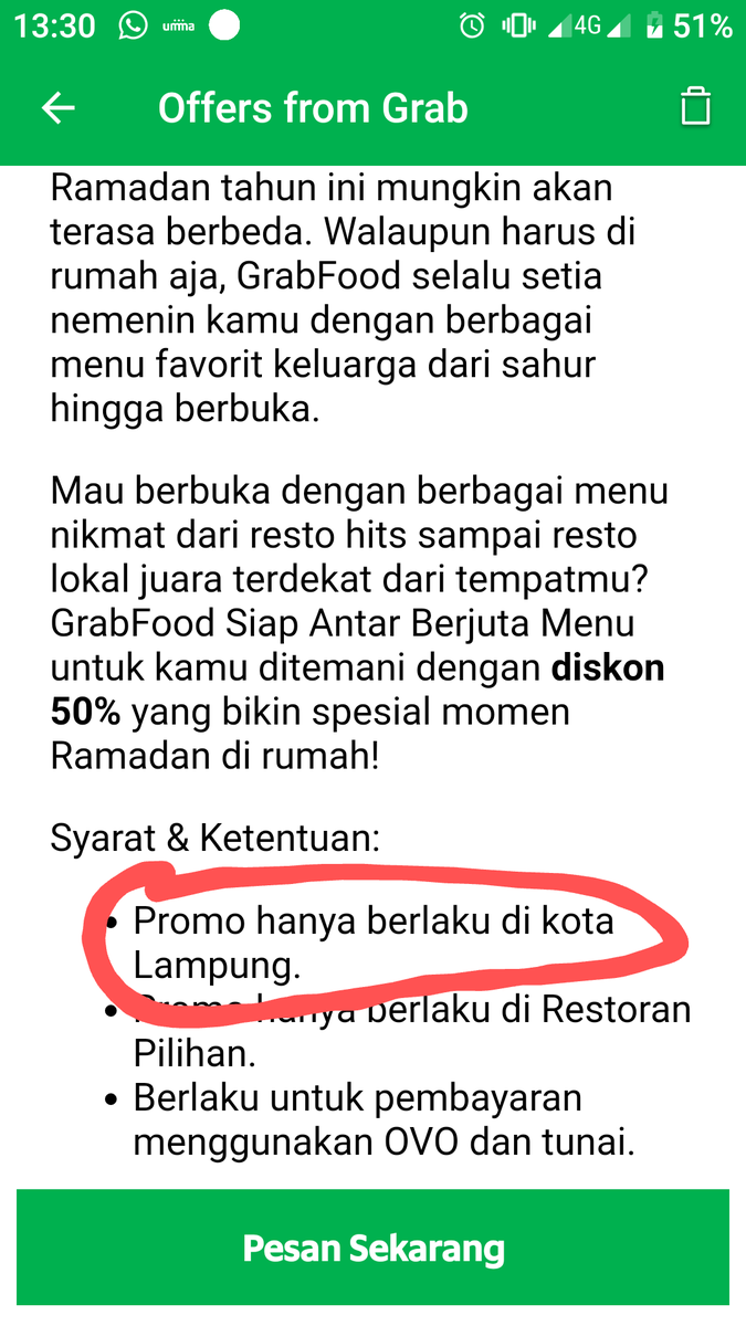 icha_13620's tweet photo. @GrabID Posisi di JAKARTA, kenapa dapet info diskon di LAMPUNG? 😓 https://t.co/P7w6icsYoG