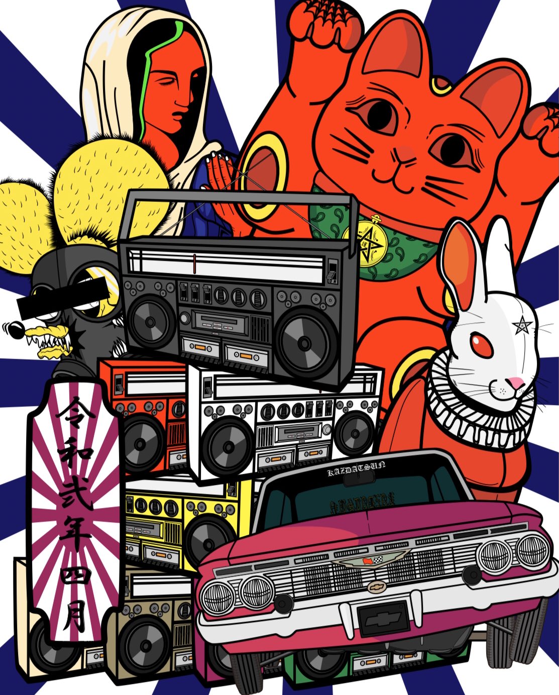 Kaz Datsun The新宿 騒がしい世界や イラスト イラストレーター 招き猫 聖母マリア ラジカセ ラットフィンク 兎 シボレーインパラ アメ車