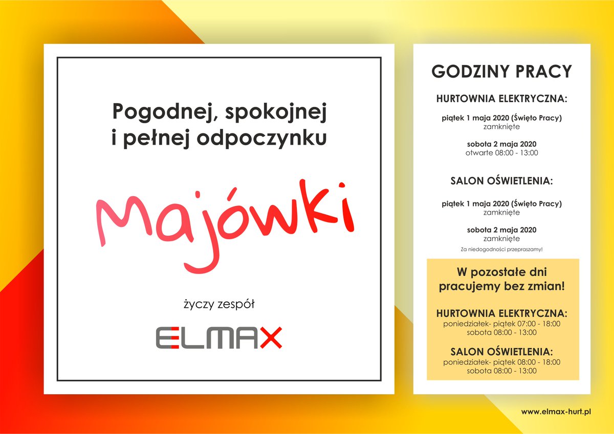 ELMAX_Tychy's tweet photo. #Majówka tuż- tuż! Pamiętaj, #zostanwdomu! Udanego odpoczynu życzy #ELMAX :) https://t.co/a5xov6nZv8