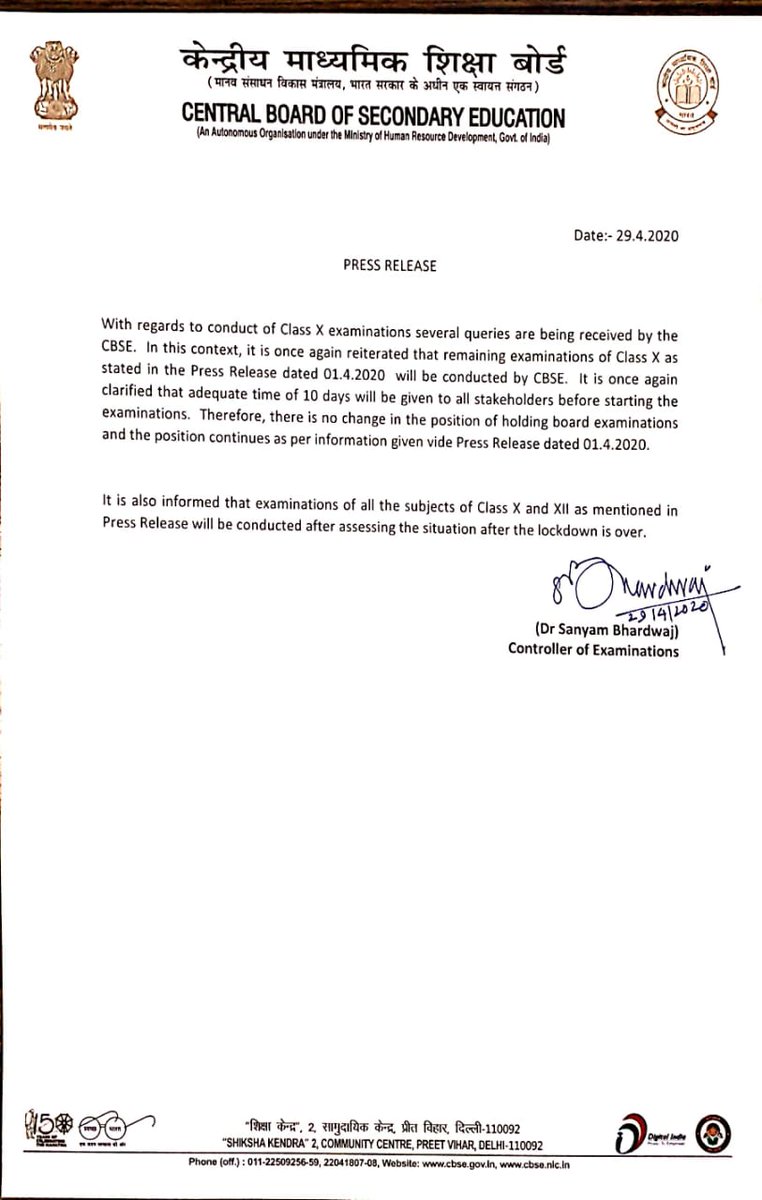 cbseindia29's tweet photo. Press Release dated 29.04.2020 regrading CBSE Exams

@DrRPNishank @HRDMinistry @OfficeOfSDhotre @PIB_India @PTI_News @DDNewslive @AkashvaniAIR https://t.co/XtXvET66fm