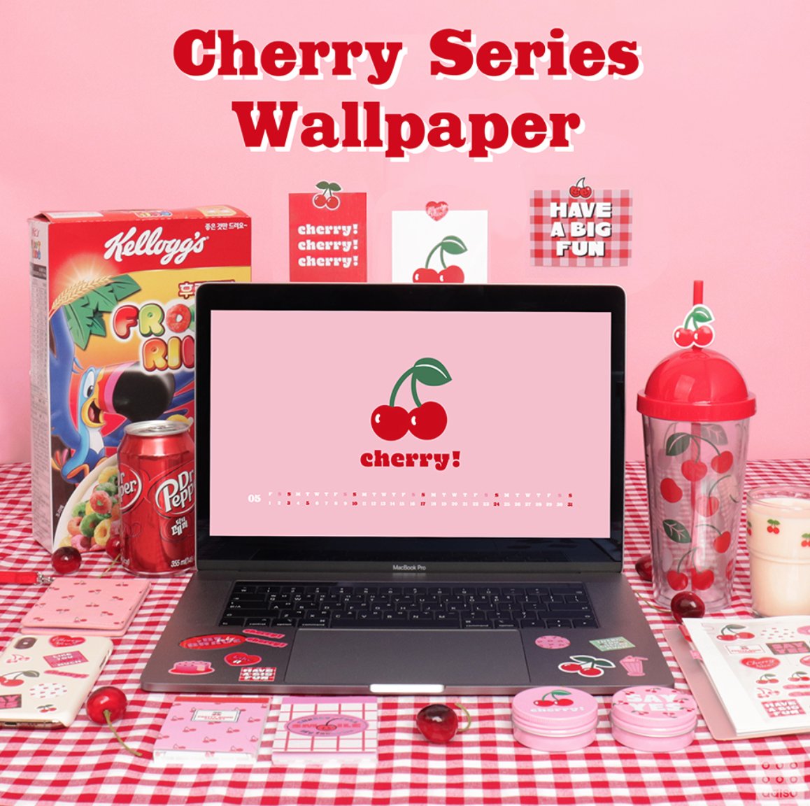 JebanSundae's tweet photo. วอลเปเปอร์ประจำเดือนพฤษภาคม จาก Daiso เกาหลีมาแล้ววว มาในธีม PRERRY GOOD CHERRY 🍒💗 มีทั้งวอลคอมและมือถือ น่ารักอีกล้าววว 😍 https://t.co/2jhJb6nhuc