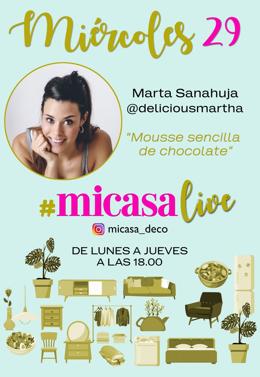 Revista MiCasa (@micasarevista) on Twitter photo En el directo de hoy (18:00 h.):
"Mousse sencilla de chocolate"
👉🏻 Marta Sanahuja de <a href="/DeliciousMartha/">Delicious Martha</a>
👉🏻 instagram.com/micasa_deco/
#MicasaLive #DíasExtraordinarios #yomequedoencasa En el directo de hoy (18:00 h.):
"Mousse sencilla de chocolate"
👉🏻 Marta Sanahuja de <a href="/DeliciousMartha/">Delicious Martha</a>
👉🏻 instagram.com/micasa_deco/
#MicasaLive #DíasExtraordinarios #yomequedoencasa
