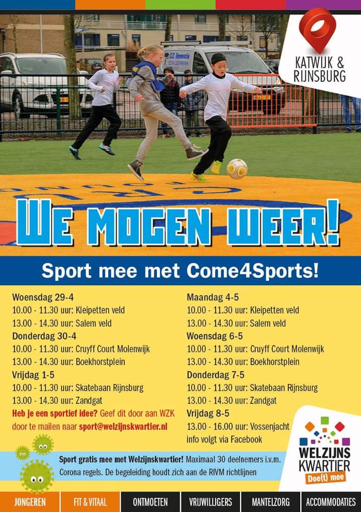 Welzijnskwart's tweet photo. 'We mogen weer!' onze #come4sports medewerkers #welzijnskwartier hebben in een razendsnel tempo een passend #sportprogramma in elkaar gezet voor deze meivakantie. Blij dat ze 'hun kids' weer in de buitenlucht ontmoeten.Uiteraard wordt rekening gehouden met de RIVM richtlijnen. https://t.co/U3qyFJM0Yl