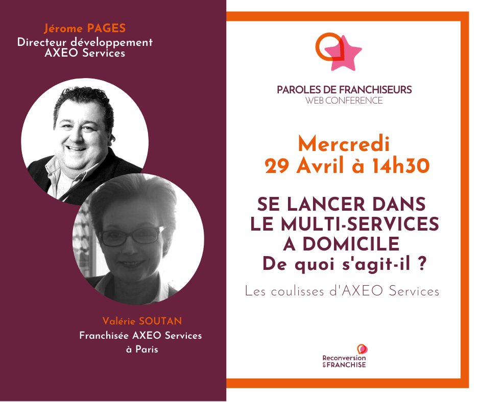 Au programme de la webconférence d'aujourd'hui une présentation de l'enseigne et de ses atouts par Jérôme Pages directeur du développement AXEO Services et un témoignage live de Valérie Soutan, franchisée AXEO Services à Paris. Inscription : urlz.fr/c0JU