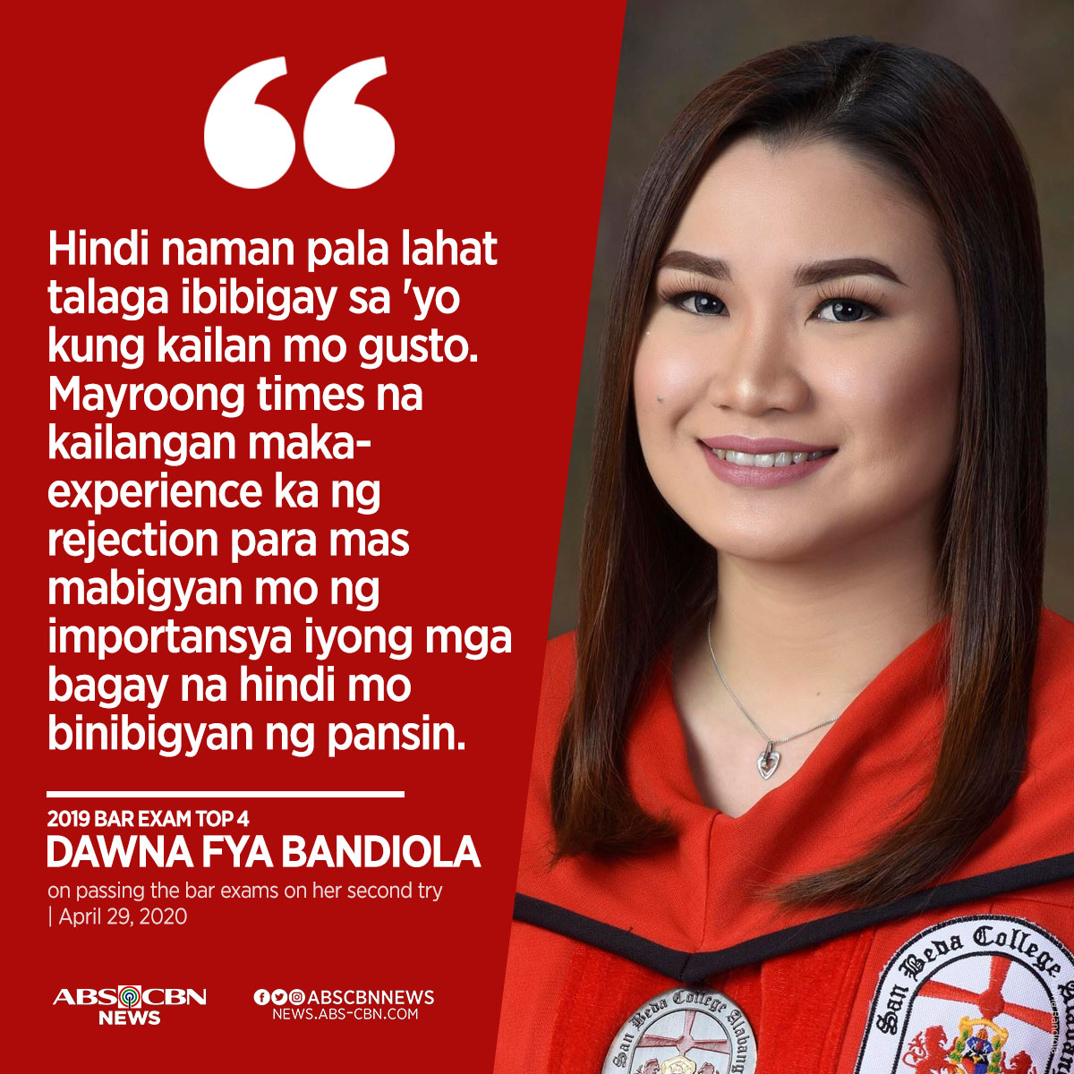 ABSCBNNews's tweet photo. From bagsak to top 4. San Beda College-Alabang law graduate Dawna Fya Bandiola reflects on passing and placing fourth in the 2019 Bar exams after failing on her first try in 2018. https://t.co/ymjGUYmmia https://t.co/AV1y1M2r8L