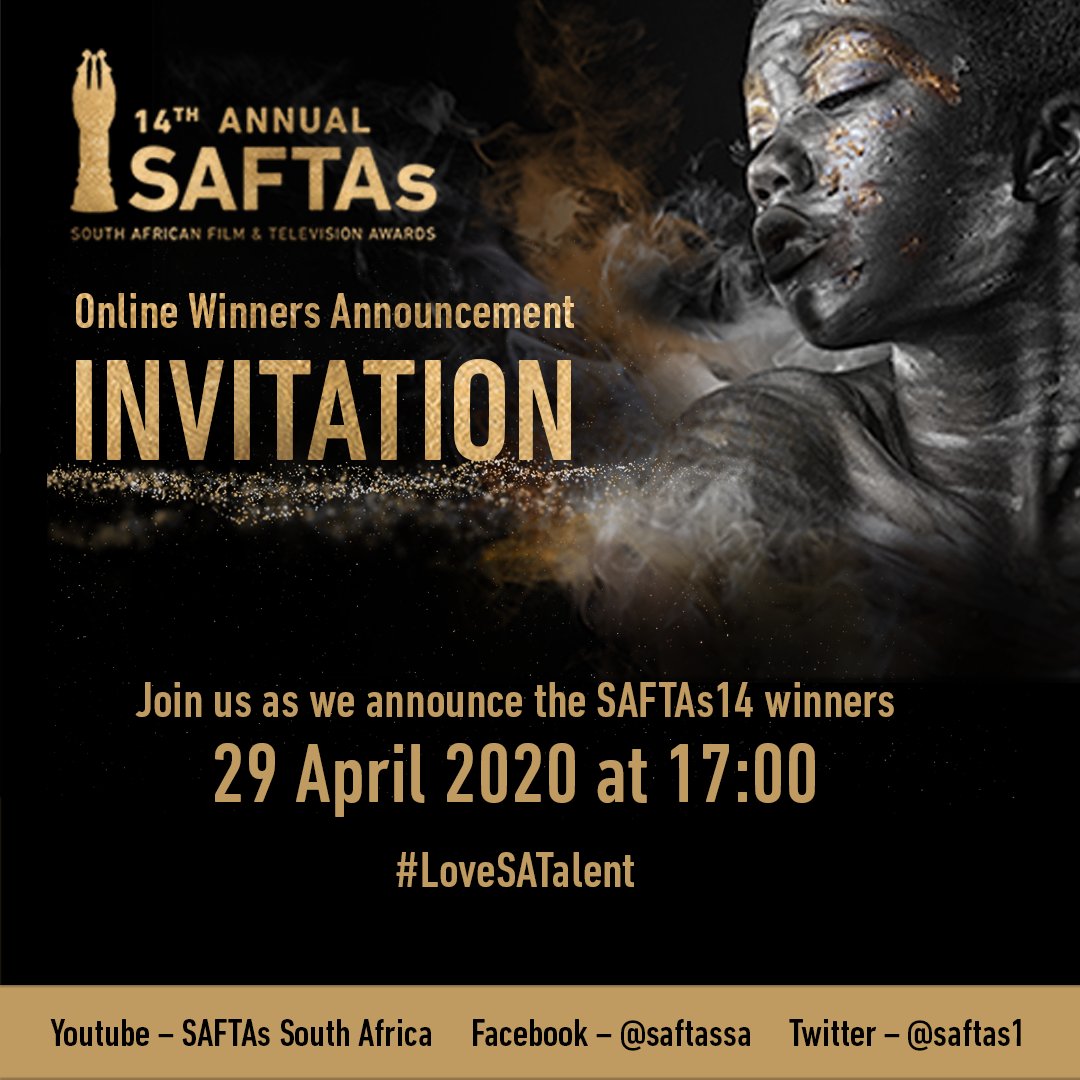 SAFTAs_1's tweet image. INVITATION

Join us at 17:00, as we announce our 2020 winners of the much loved Golden Horn.

Stay in. Dress your best. Grab your bevvy. We promise it's going to be an awesome experience. 

Go to our Twitter, Facebook or Youtube page for all the action. 

#LoveSATalent #SAFTAs14